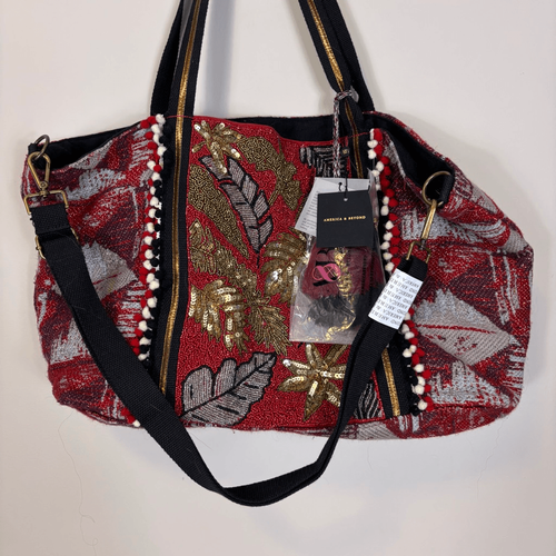 America & Beyond Red Embellished Large Tote Weekender Bag with Zipper Closure - Picture 3 of 10