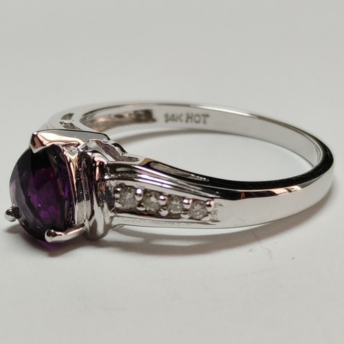 14k White Gold Pear Cut Amethyst & Diamond Designer "HOT" Ring Size 9 - Picture 2 of 12