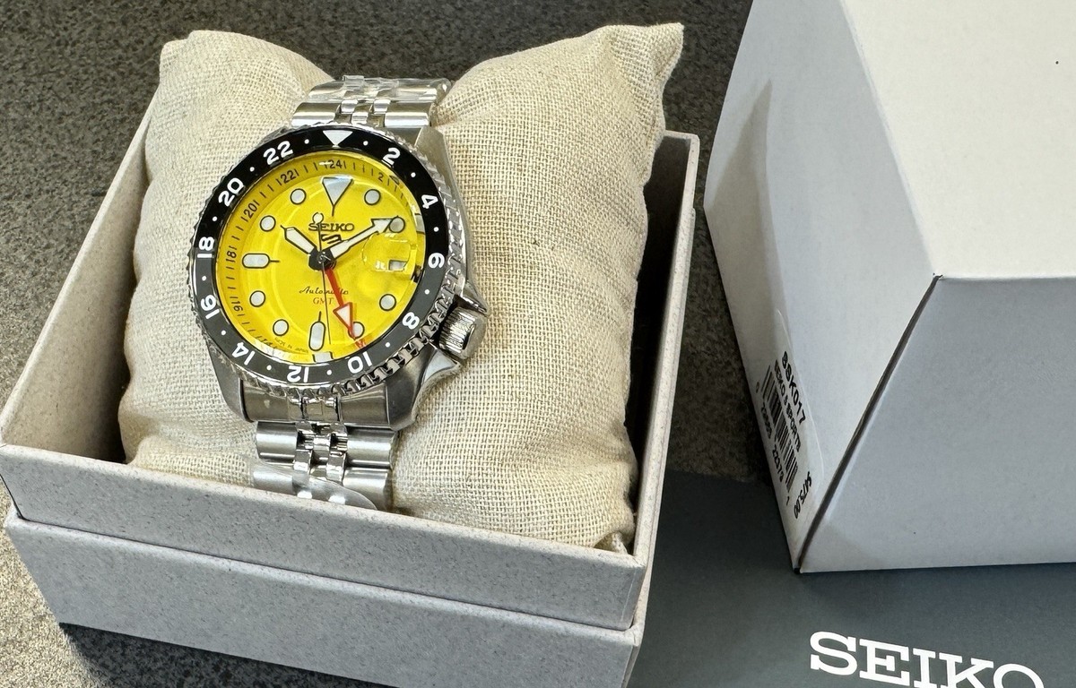 Seiko 5 Sport Automatic GMT Steel Band Yellow Dial Watch