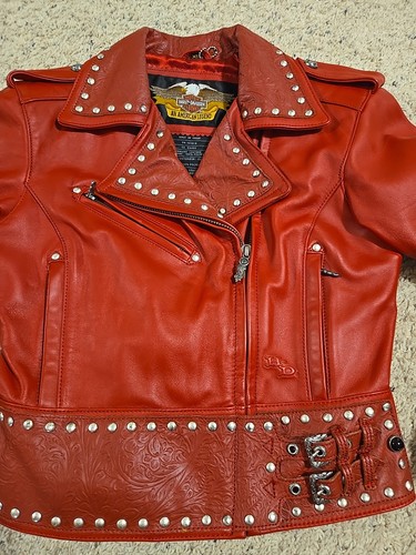 Coole Damen XS Harley Davidson Motorrad Rot Leder Nieten Jacke - Bild 4 von 16