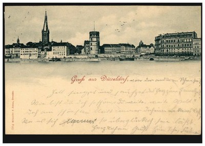 Postcard greeting from Düsseldorf panorama, Düsseldorf 6e 28.8.1900 to Ruhrort 28.8.00