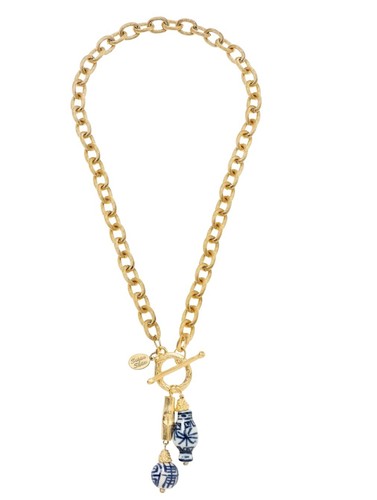 Susan Shaw Jewelry Blue & White Bamboo Toggle Necklace 24k Gold TPG - Picture 9 of 11
