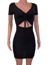 Forever 21 Black Ribbed Drawstring Cut-out Mini Dress M NWTS