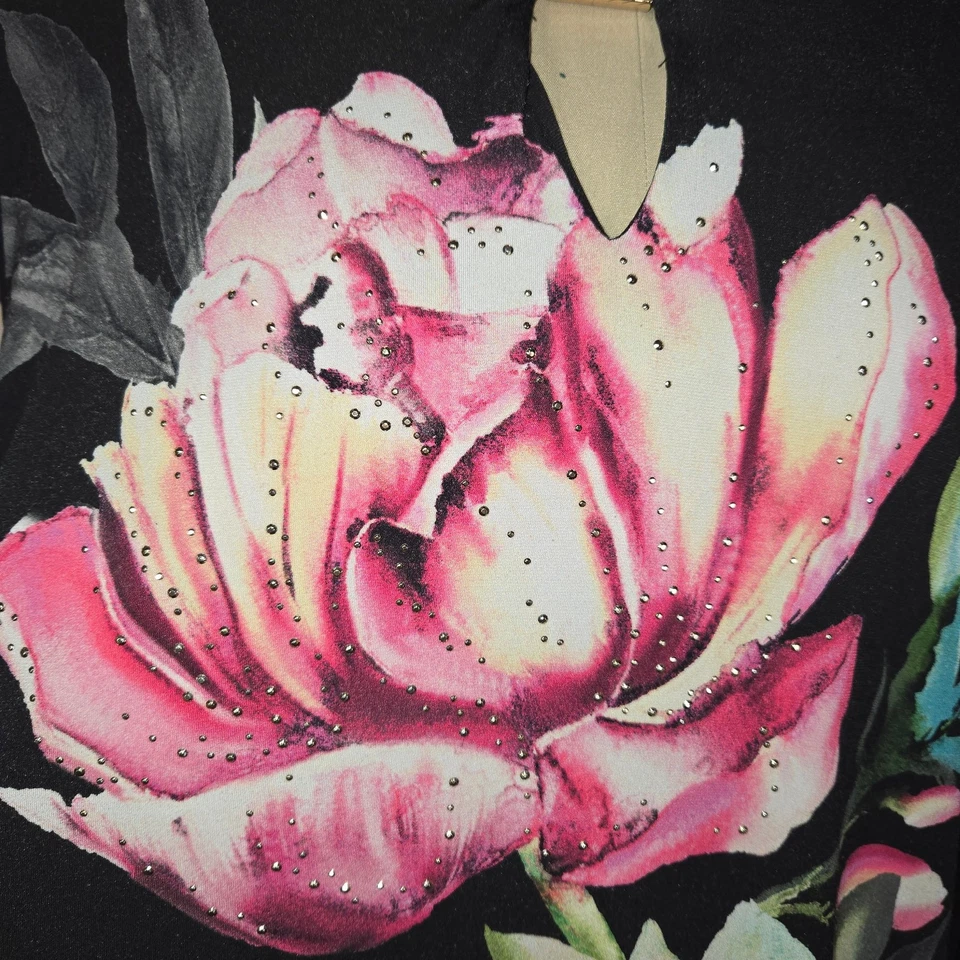 JM Collection 3X Floral Tunic Top Black Sheer Sleeves Watercolor Stretch Knit - Image 2 of 4