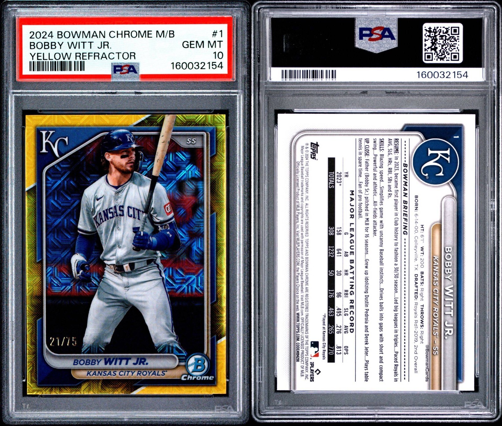 2024 Bowman Chrome Mega Box Bobby Witt Jr. Yellow Mojo Refractor /75 PSA 10 #1 view 3