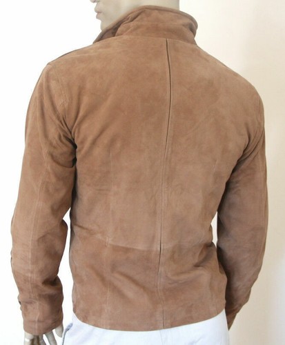 Men's Beige Blue Leather Trucker Jacket Suede Leather Jacket - Picture 2 of 4