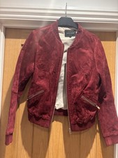 River Island Women’s Burgundy Suede Leather Bomber Jacket Full Zip Pockets 12