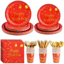 175 Pieces Gold Disposable Party Dinnerware Set &Disposable Birthday Party Di...