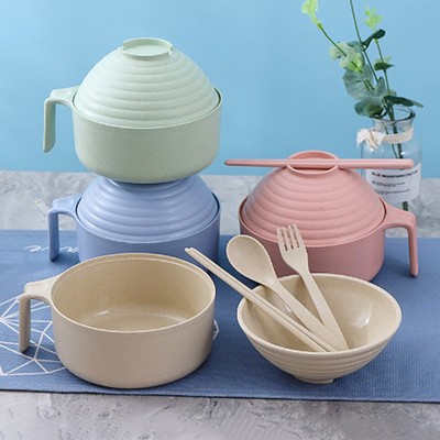 5pcs Wheat Straw Multifunctional Bowl Spoon Fork Chopstick Eating Dinnerware ^^p