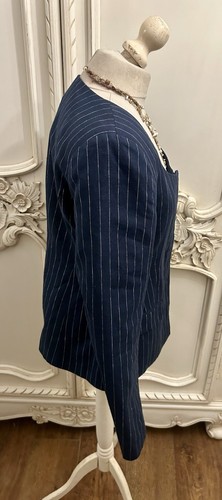 H&M Bnwt Sold Out Still Nature Navy Pinstripe Linen Waisted Blazer 10 - Picture 5 of 7