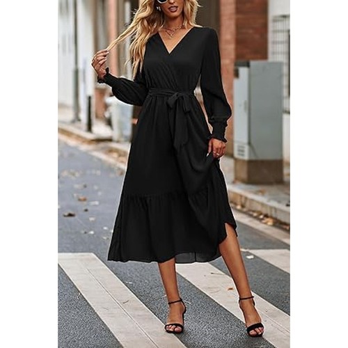 PRETTYGARDEN Women's Floral Print Boho Dress Long Sleeve Wrap V Neck Ruffle Belt - Bild 5 von 6