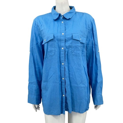 Lauren Ralph Lauren Top Damen Plus 2X Himmelblau Knopfleiste 100% Leinen Preppy Arbeit