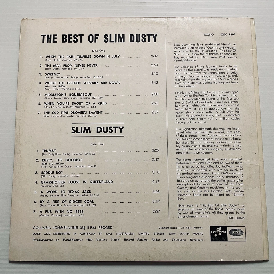 Disco de vinilo Slim Dusty The Best Of 12” 33 rpm OSX-7807 Columbia 1967 mono Foto 4 de 4
