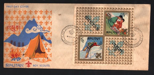 BHUTAN 1.25 4 NGULTRUM 1967 BOY SCOUT SOUVENIR SHEET ON FDC FIRST DAY COVER RARE - Picture 1 of 2