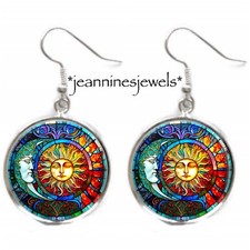 Sun Moon Earrings Rainbow FAUX Stained Glass ART PRINT Silver Charm Dangle