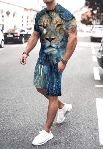 Fashion T Shirt Men's Sport Short Sleeve Graphic Soft Sport Tracksuit Shorts SET - Picture 11 of 20