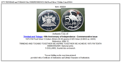 1975 TRINIDAD and TOBAGO Ibis INDEPENDENCE Old Proof Silver 5 Dollar Coin i85604 - Picture 3 of 3