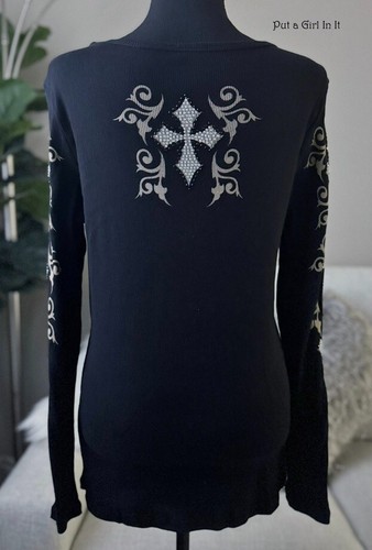 USA neu Vocal ÜBERGRÖSSE Damen schwarz taupe Kristall Kreuz Blumen Shirt 1XL 1X Y2K - Bild 5 von 5