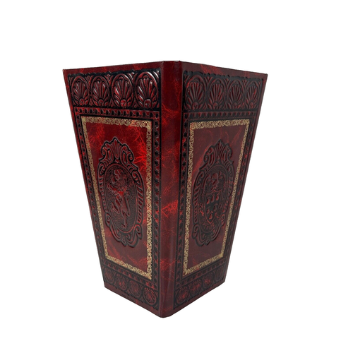 Vtg Italian Leather Like Red Folding Waste Basket Trash Can Hand Tooled Embossed