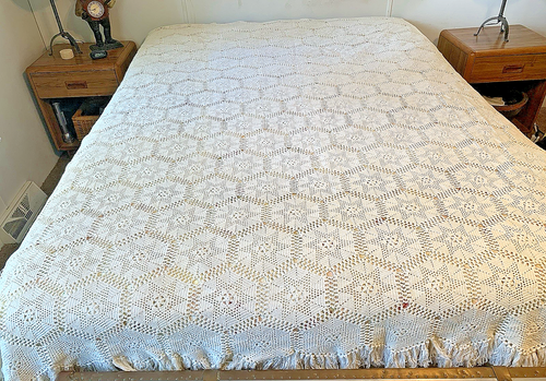 Copriletto vintage fine all'uncinetto a mano con frange ecrù stella e fiore 83WX90L" - Foto 6 di 6