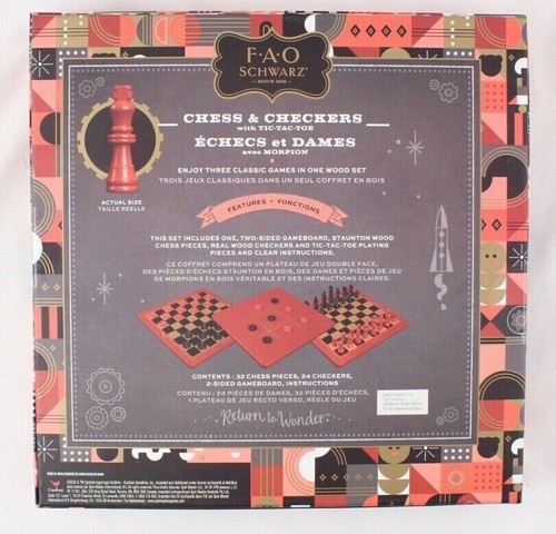 Reversible Wooden Board for Chess Checkers & Tic-Tac-Toe Game with Pieces NEW - Picture 3 of 4