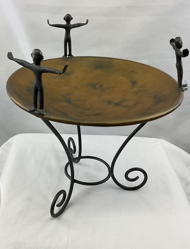 Brutalist Style Hammered Metal Centerpiece Bowl with 3 Welded Figures 13"T x 9"D - Picture 8 of 11