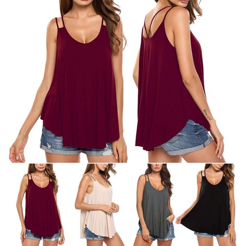 Womens Camisole Tank Top Loose Fit V Neck Plus Size Double Spaghetti Strap Top - Picture 1 of 14