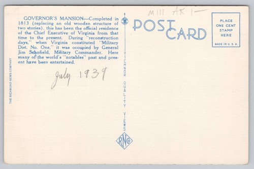 Richmond VA Virginia Governor's Mansion Linen Postcard - Picture 2 of 2