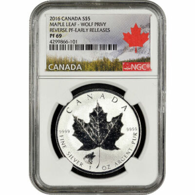 BU Lot 5 2016 Wolf Privy Silver Canadian Maple Leaf Reverse Proof Coin .9999