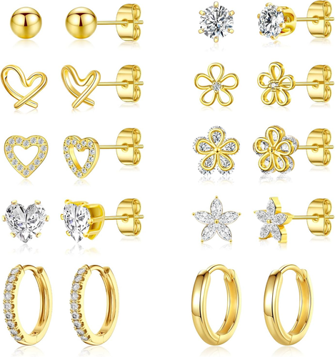 Small Gold Stud Earrings Set for Women - 14K Gold Plated CZ Huggie Hoops Hypoall - Picture 7 of 12