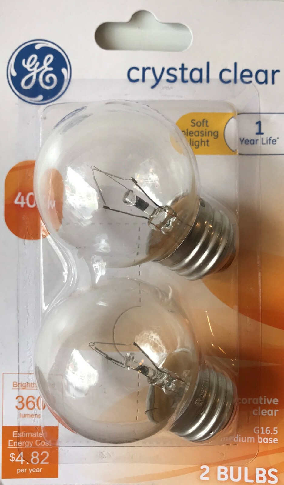 2 GE 40-Watt G16.5 Crystal Clear Globe Lights w/Standard Base - 360 Lumens
