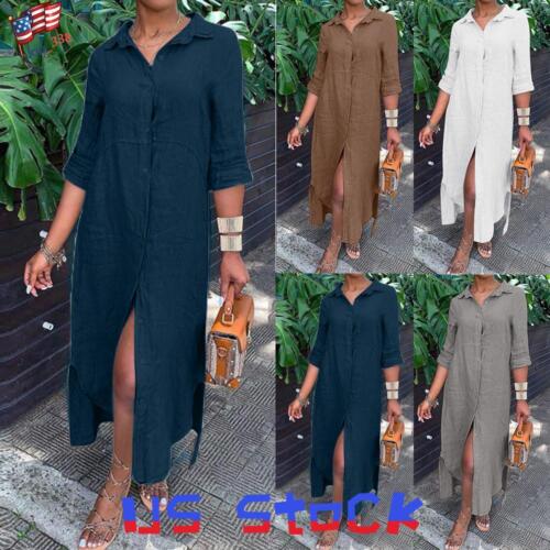 Womens Summer Button Cotton Linen Shirt Dress Long Sleeve Midi Dresses Plus Size