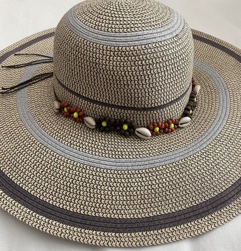 Beach Hat Beads Shells Striped Wide Brim Cruise Hat - Picture 3 of 10