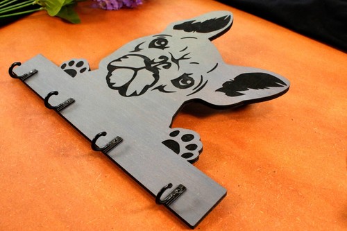 French Bulldog Peeking Key Ring Holder, Leash Holder, Wooden Key Ring Holder - Picture 2 of 7