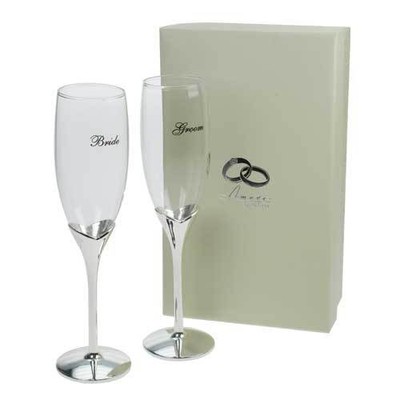 Pair Amore Bride Groom Champagne Flutes Goblets Wedding Day Toast
