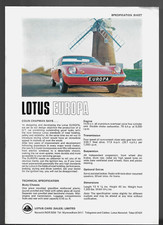 Lotus Europa S2 Specifications 1969-1970 UK Market Single Sheet Brochure
