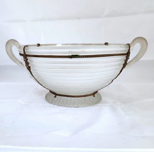 Art Deco Milchglas satiniert und Messing Repousse Schale mit Henkeln #1 um 1930 - Bild 3 von 10