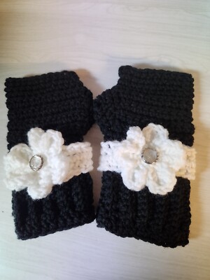 HANDMADECROCHETED  BLACK/WHITE ACCENTS FINGERLESS GLOVES READY TO SHIP