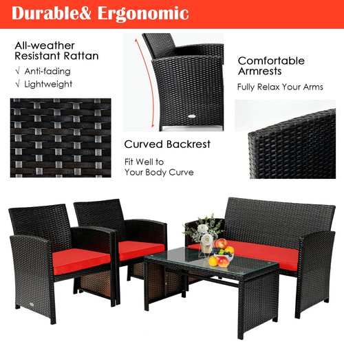 Patiojoy 8PCS Patio Rattan Furniture Set Cushioned Chair Sofa Coffee Table Red - Picture 4 of 6