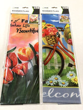 Real Living Banner Flag / Garden Flags Set Of 2 - 12  X 18  New Welcome / Family