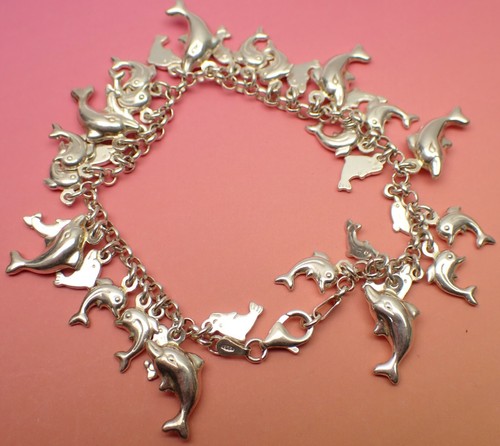 Bracciale Charm Un Pod di Delfini Argento Sterling 925 Italia 3D 7-1/8" 19,9g - Foto 5 di 12