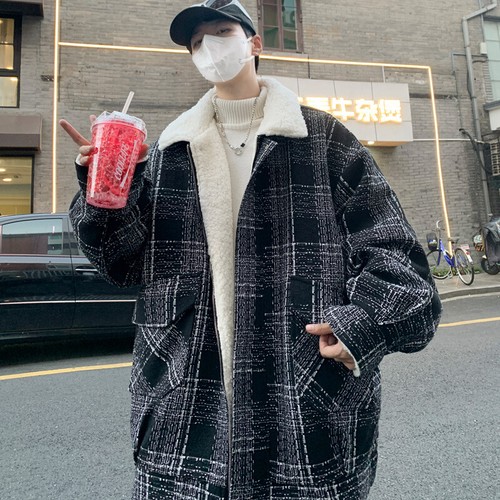 Vintage Jacket Parka Men Faux Wool Padded Winter Warm Loose Plaid Coat Oversized - Picture 16 of 16