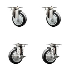4 Inch 316SS Black Polyurethane Wheel Swivel Top Plate Caster Set 2 Brakes SCC