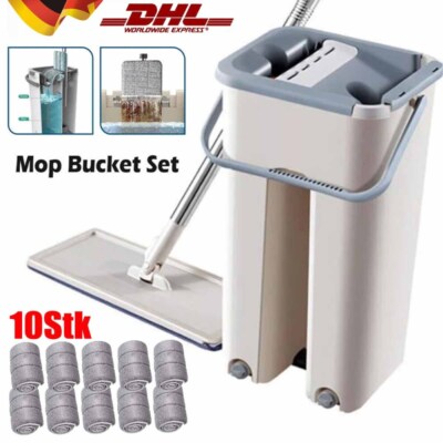 Bodenwischer Wischmop Mopp und Eimer Set Wischbezug + 10 Mikrofaserpad Putzlappe
