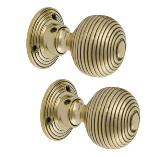 Solid Brass Beehive Style Door Knob Pair Unlacquered New Knobs Set Internal - Afbeelding 1 van 11