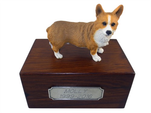 Beautiful Paulownia Wood Personalized Urn with Pembroke Welsh Corgi Figurine - Picture 1 of 5