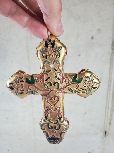 Vintage CROSS Handmade Christmas Ornaments Gold Dipped stained glass - Picture 5 of 5