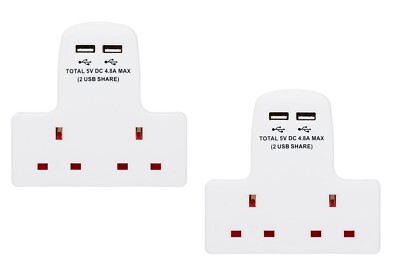 2er Set - 2-fach Gang Mehrfachstecker 13A Steckdosenadapter mit 2x USB Anschluss weiß