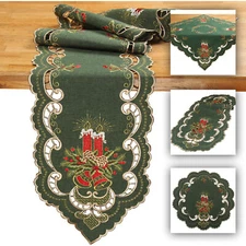 Dark-Green Doily Table runner Tablecloth Topper Christmas Red Candle Embroidery