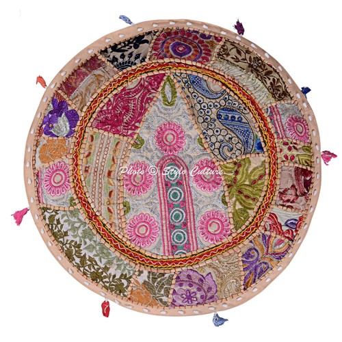 Round Pouf Ottoman 22 in Ethnic Patchwork Pouffe Poof Floor Pillow Foot stool - Picture 4 of 5